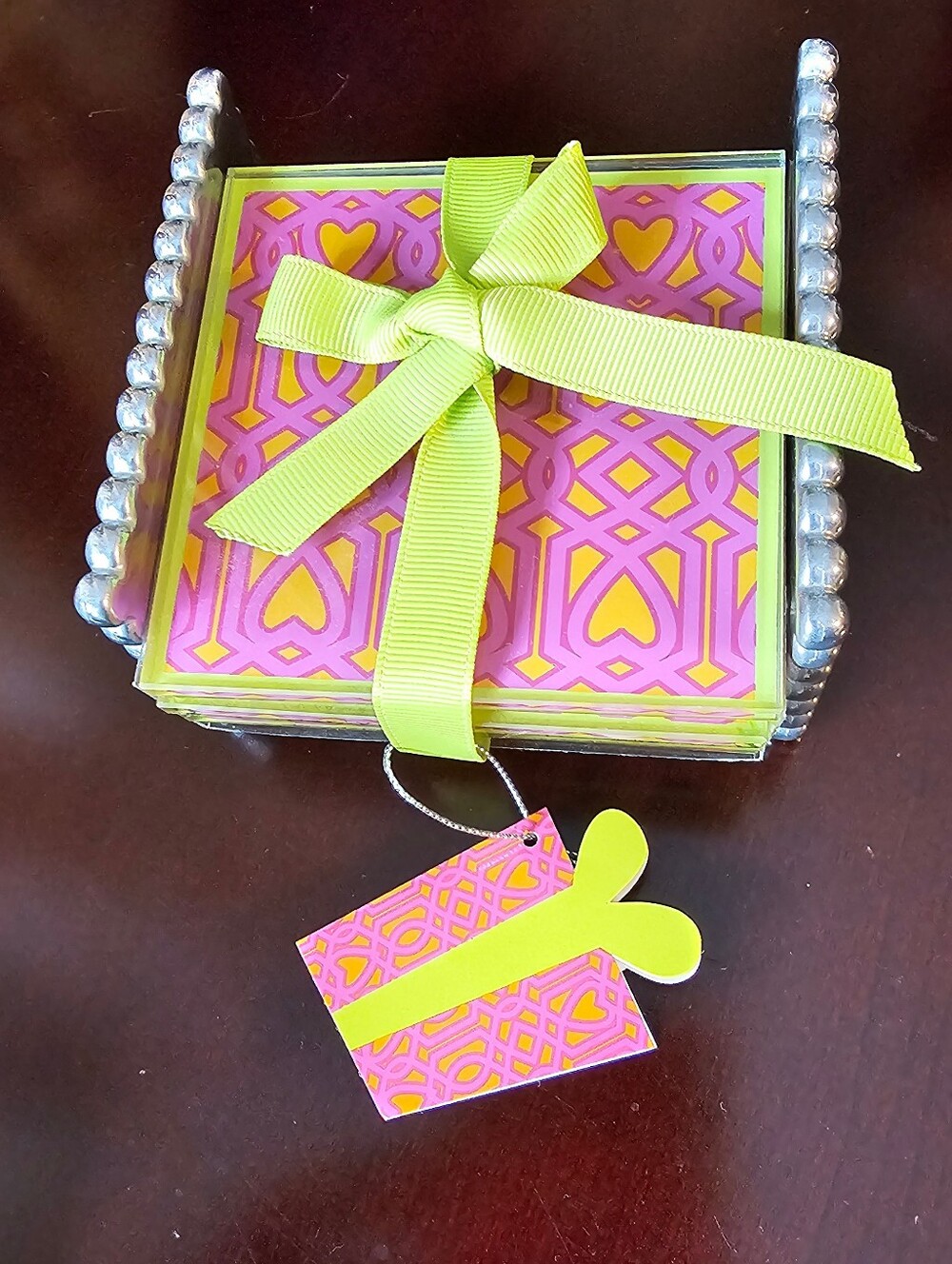 Mud pie Pink Geometric Tempered Glass Decorative Coasters Set & PewterTray NWT